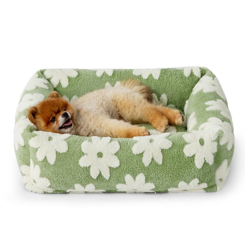 63x53x17 CM Cute Square Plush Pet Bed with Removable Cover & 5 Bolsters Support - Green Daisies Machine Washable Calming Dog & Cat Sofa