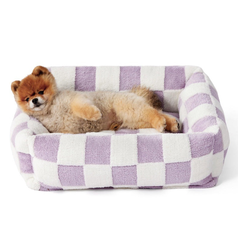 91x68x20 CM Cute Square Plush Pet Bed with Removable Cover & 5 Bolsters Support - Purple Plaid Machine Washable Calming Dog & Cat Sofa