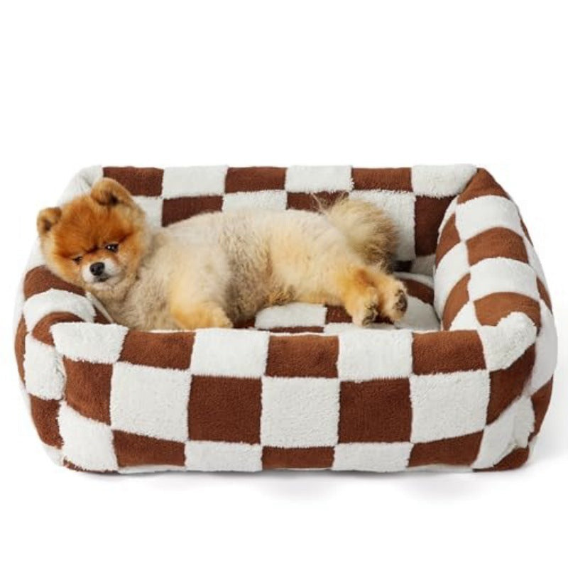 91x68x20 CM Cute Square Plush Pet Bed with Removable Cover & 5 Bolsters Support - Brown Plaid Machine Washable Calming Dog & Cat Sofa