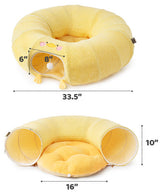 Yellow Cute Foldable Cat Tunnel Bed with Dual-Zipper Detachable & Connectable Design - 2-in-1 Versatile Circular Doughnut Nest & S-Curve Play Center, Easy Fold-Away Storage (85x85x26CM)