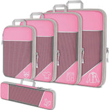 Pink Waterproof Travel Compression Packing Cube Set of 5 Sizes with Carry Handles - 50% Space Saving Breathable Nylon Luggage Organizer