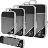 Black Waterproof Travel Compression Packing Cube Set of 5 Sizes with Carry Handles - 50% Space Saving Breathable Nylon Luggage Organizer
