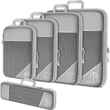 Grey Waterproof Travel Compression Packing Cube Set of 5 Sizes with Carry Handles - 50% Space Saving Breathable Nylon Luggage Organizer