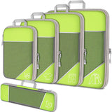 Green Waterproof Travel Compression Packing Cube Set of 5 Sizes with Carry Handles - 50% Space Saving Breathable Nylon Luggage Organizer