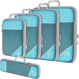 Blue Waterproof Travel Compression Packing Cube Set of 5 Sizes with Carry Handles - 50% Space Saving Breathable Nylon Luggage Organizer