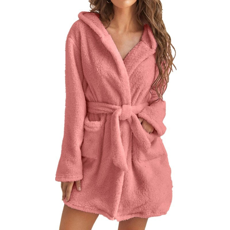Pink 5XL Size Women's Ultra-Thick Plush Robe with Large Hood & Pockets  - Warm Winter Double-Layer Sherpa Fleece Lounge, Bathrobe & Nightwear