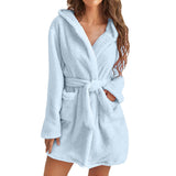 Blue M Size Women's Ultra-Thick Plush Robe with Large Hood & Pockets  - Warm Winter Double-Layer Sherpa Fleece Lounge, Bathrobe & Nightwear