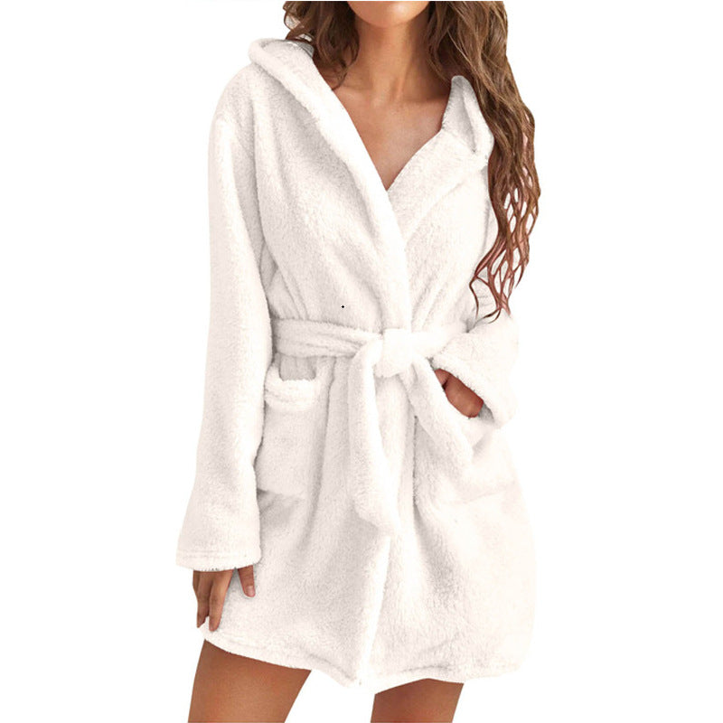 White 5XL Size Women's Ultra-Thick Plush Robe with Large Hood & Pockets  - Warm Winter Double-Layer Sherpa Fleece Lounge, Bathrobe & Nightwear