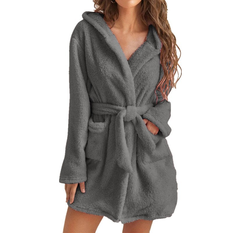 Dark Grey M Size Women's Ultra-Thick Plush Robe with Large Hood & Pockets  - Warm Winter Double-Layer Sherpa Fleece Lounge, Bathrobe & Nightwear