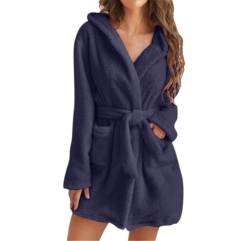 Dark Blue 2XL Size Women's Ultra-Thick Plush Robe with Large Hood & Pockets  - Warm Winter Double-Layer Sherpa Fleece Lounge, Bathrobe & Nightwear