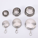 3-Capacity Silver Stainless Steel Collapsible Travel Cup Set(75ml + 150ml + 250ml) - Compact Telescopic Drinking Cup with Keychain & Dust-Proof Lid for Outdoor Hiking and Camping