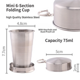 75ML Silver Stainless Steel 6-Section Telescopic Travel Cup with Keychain & Dust-Proof Lid for Outdoor Hiking and Camping