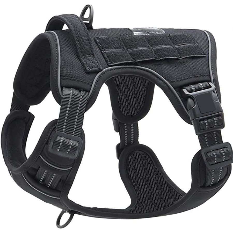 Black Professional Adjustable Tactical Dog Mesh Harness - Reflective No-Pull Pet Vest with Control Handle (L Size for Weight 45-80 lbs)