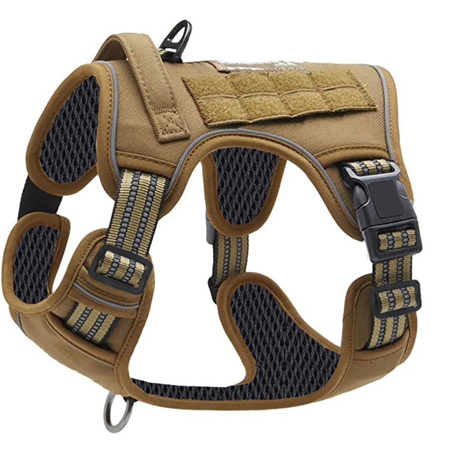 Khaki Professional Adjustable Tactical Dog Mesh Harness - Reflective No-Pull Pet Vest with Control Handle (M Size for Weight 30-50 lbs)