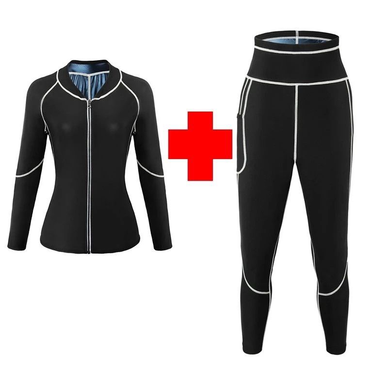 XL Size Black and Blue Women's Workout Sauna Sweat Suit Set: Long Sleeve & Leggings - High Elasticity Compression Shapewear for Weight Loss & Yoga