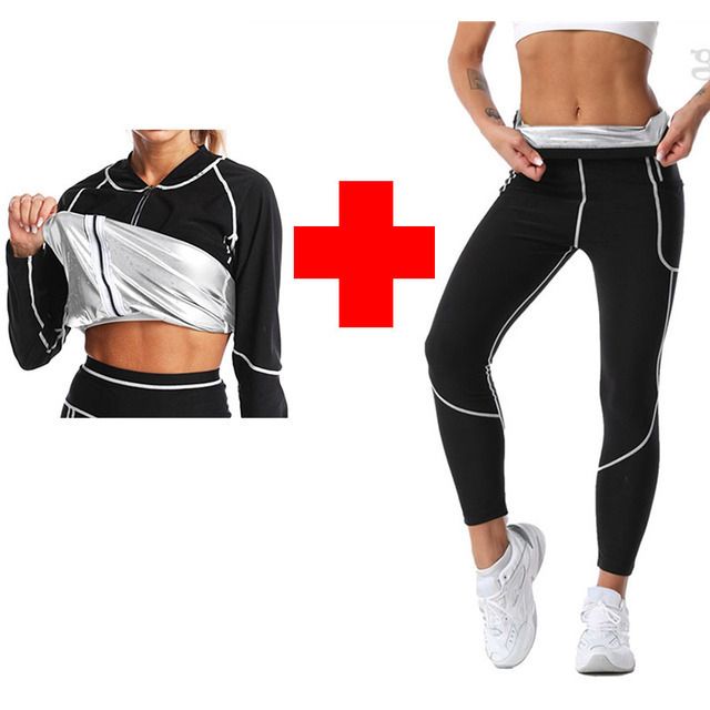 S Size Black and Silver Women's Workout Sauna Sweat Suit Set: Long Sleeve & Leggings - High Elasticity Compression Shapewear for Weight Loss & Yoga
