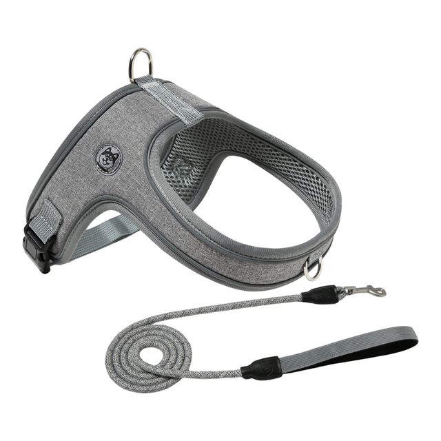 XS Size Grey Waterproof Reflective Saddle-Style Dog Harness & 1.5M Leash Set - Breathable Anti-Choke Escape-Proof Step-In Walking Gear