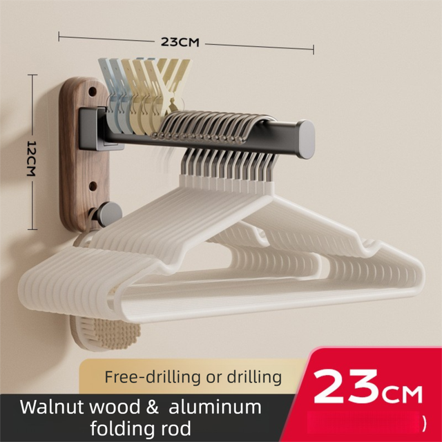 23CM Moisture Aluminum Folding Towel Rack Integrated Bottom Hook - 90° Folding Black Walnut Grain Wall-Mounted Drying Rod and Organize