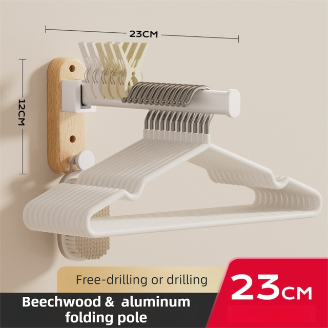 23CM Moisture Aluminum Folding Towel Rack Integrated Bottom Hook - 90° Folding White Beechwood Grain Wall-Mounted Drying Rod and Organize