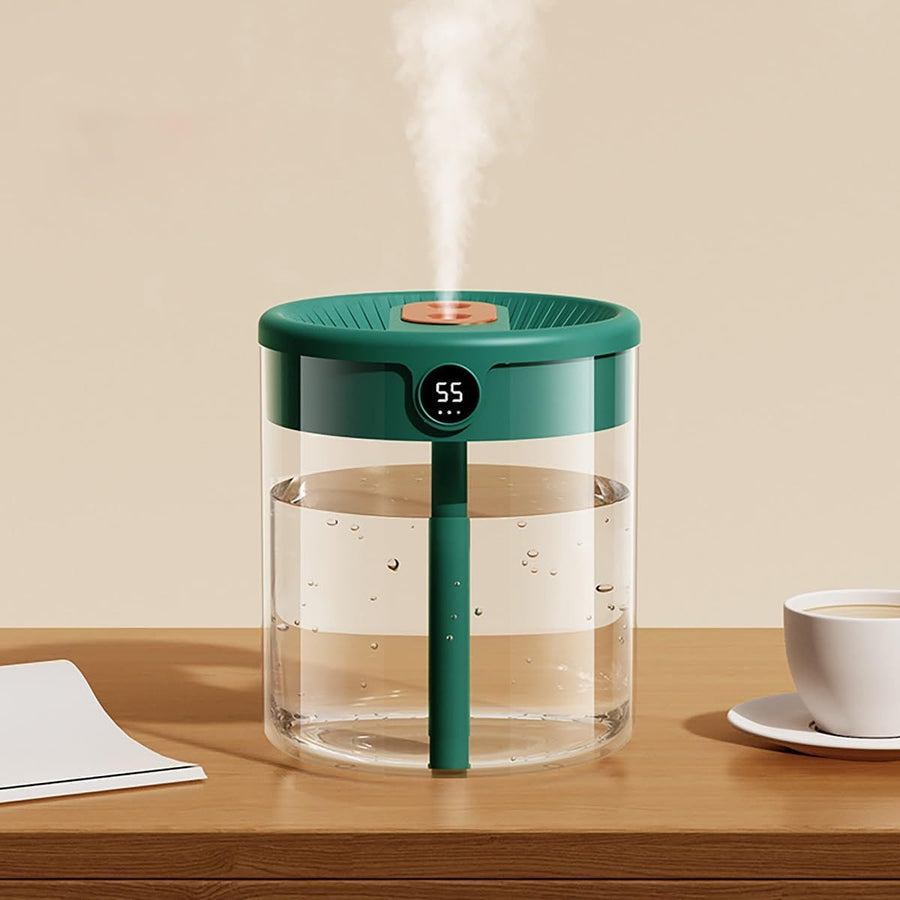 Green 2L Dual-Spray Ultrasonic Humidifier and Air Diffuser with Night Light - USB Powered, Quiet Operation, Smart Digital Display & Real-Time Humidity Sensor