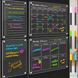 4-Piece Magnetic Acrylic Fridge Monthly + Weekly + Daily Planner Boards Set - Reusable Minimalist Memo Board with 6 Markers and Dry Eraser