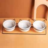 Triple Slanted Ceramic Pet Bowl Set with Elevated Iron Stand and Non Slip Base - 3 x 300ML Versatile Blue Cat Paw Print Pattern Dishes for Water & Food