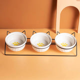 Triple Slanted Ceramic Pet Bowl Set with Elevated Iron Stand and Non Slip Base - 3 x 300ML Versatile Yellow Cat Paw Print Pattern Dishes for Water & Food