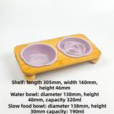 Purple Ceramic Floral Cat Slow Feeder(190ML) & Water Bowl(320ML) Set - Dishwasher Safe Pet Dual Dining Kit with Neck-Friendly Elevated Stand
