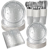 Silver Diamond Sparkle Party Tableware Set 7-Piece Set (Serves 20 People) – 140pcs Disposable Paper Plates, Tissures, Cups & Cutlery Kit for Weddings Birthdays & Parties