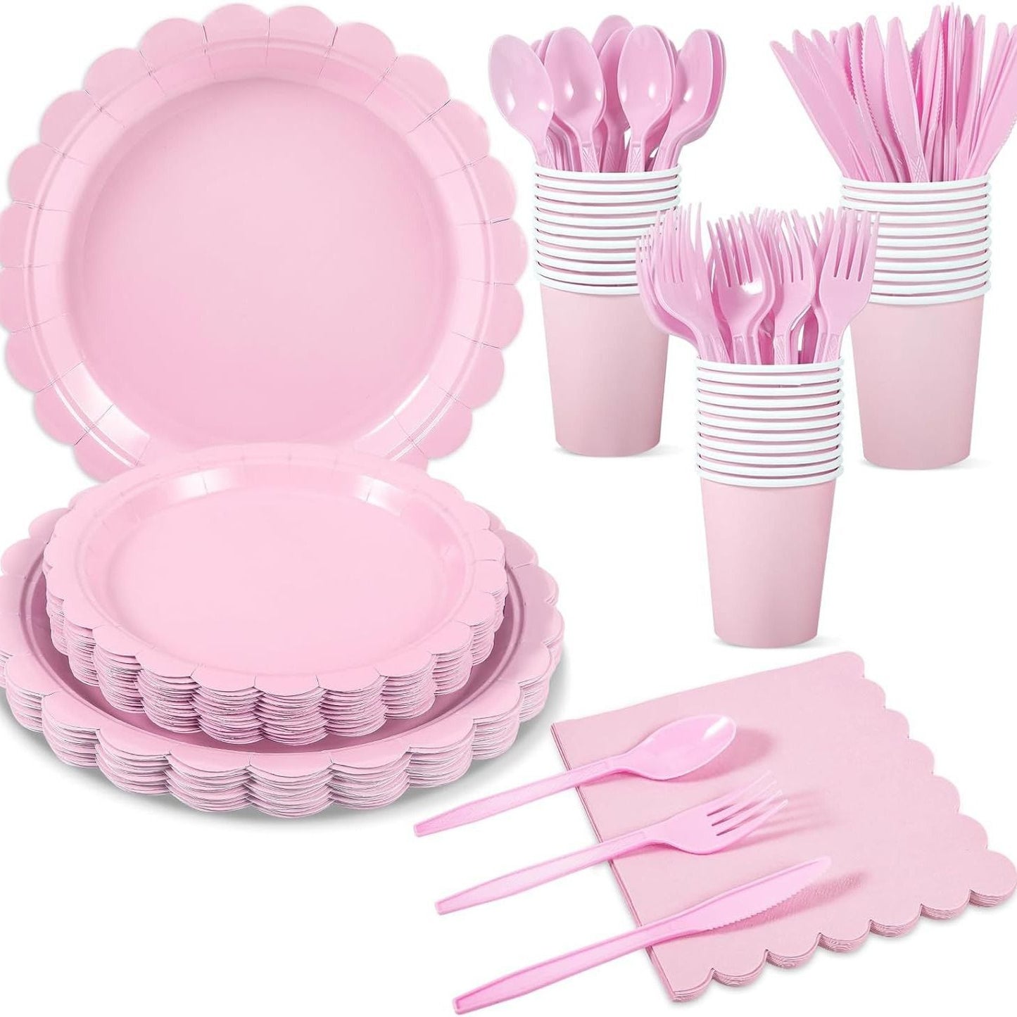 7-Piece Pink Scalloped Party Tableware Set with Floral Wavy Edges – Elegant Disposable Paper Plates 7 / 9 inch, Tissues, Cups & Cutlery Kit for Birthdays Parties and Baby Showers (Serves 25 People)