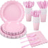 7-Piece Pink Scalloped Party Tableware Set with Floral Wavy Edges – Elegant Disposable Paper Plates 7 / 9 inch, Tissues, Cups & Cutlery Kit for Birthdays Parties and Baby Showers (Serves 25 People)