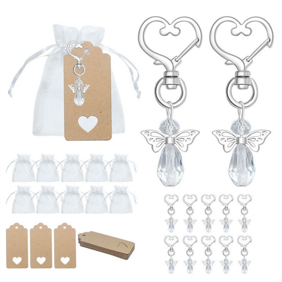 30-Piece White Guardian Angel Keychain Favor Set – Crystal Angel Wings Keyrings with Kraft Tags & Organza Bags for Weddings, Christenings and Party Gifts
