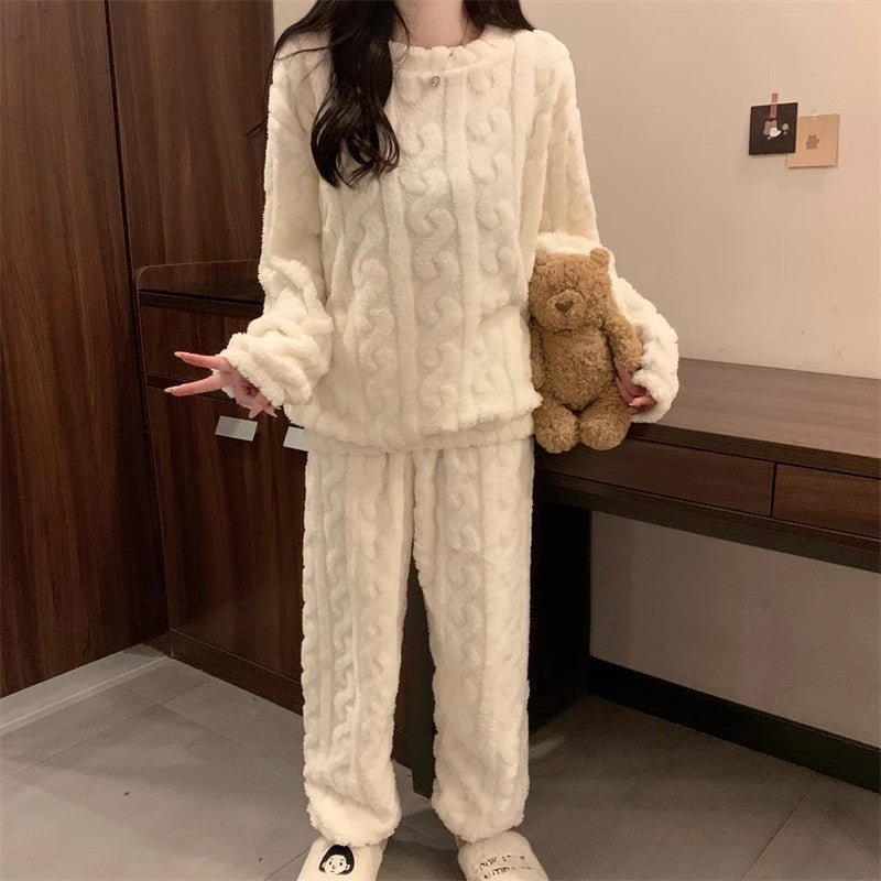 White Coral Fleece Jacquard Thermal Pajama Set — Autumn/Winter Fleece-Lined, Thickened, Casual Loungewear