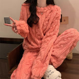 Pink Coral Fleece Jacquard Thermal Pajama Set — Autumn/Winter Fleece-Lined, Thickened, Casual Loungewear
