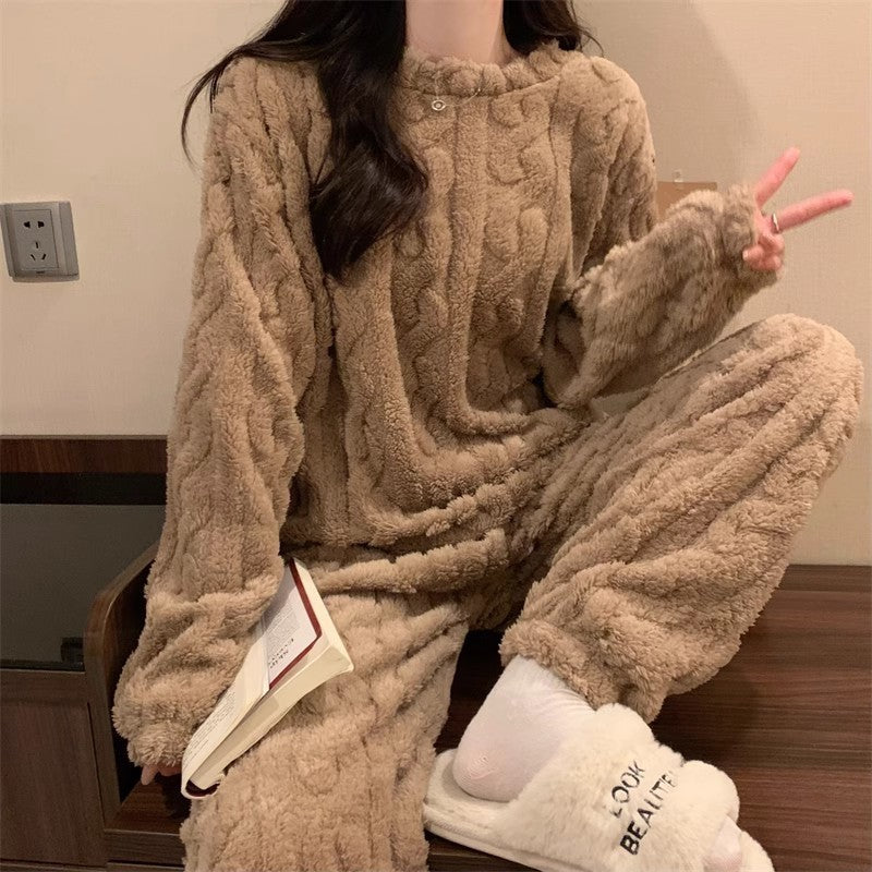 Khaki Coral Fleece Jacquard Thermal Pajama Set — Autumn/Winter Fleece-Lined, Thickened, Casual Loungewear