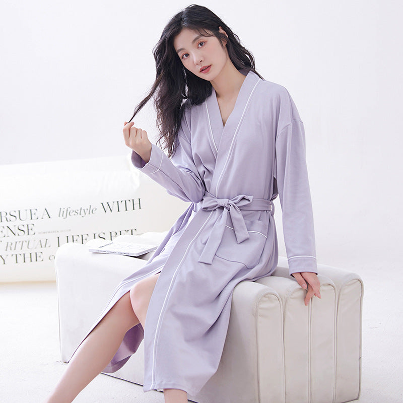 Purple  L size Women's Cotton Robe — Autumn/Winter Bathrobe & Morning Gown | Long Sleeve, Mid-Length, Plus Size | Loose, Comfortable, and Machine Washable | Suitable for All Seasons