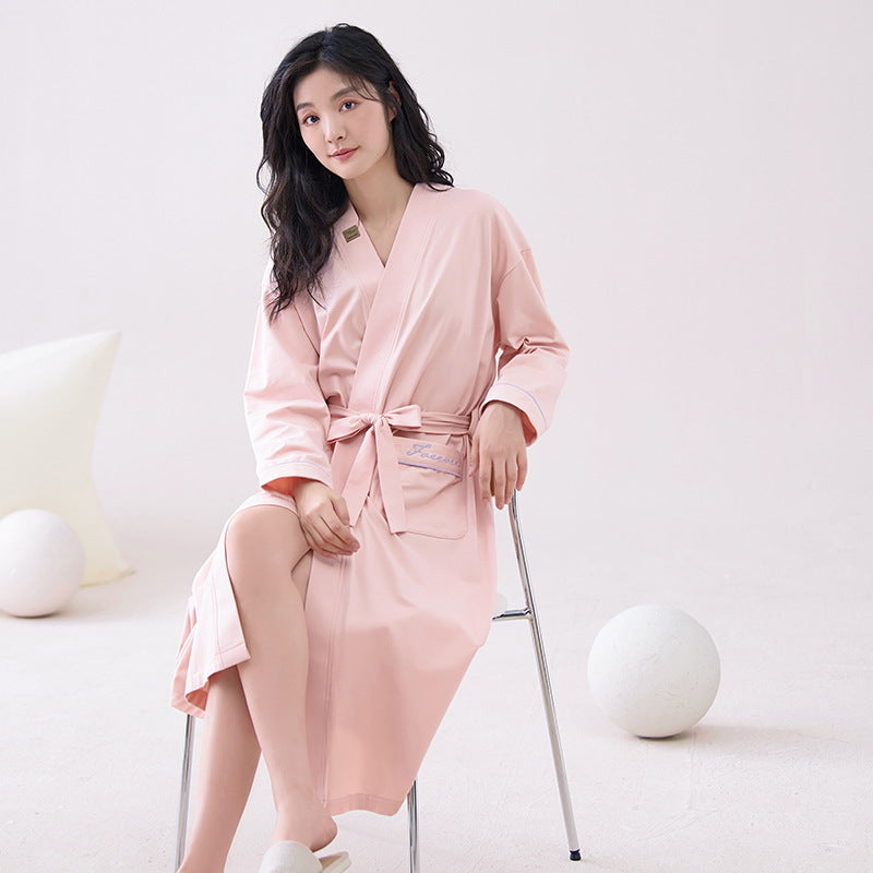 Pink  L size Women's Cotton Robe — Autumn/Winter Bathrobe & Morning Gown | Long Sleeve, Mid-Length, Plus Size | Loose, Comfortable, and Machine Washable | Suitable for All Seasons