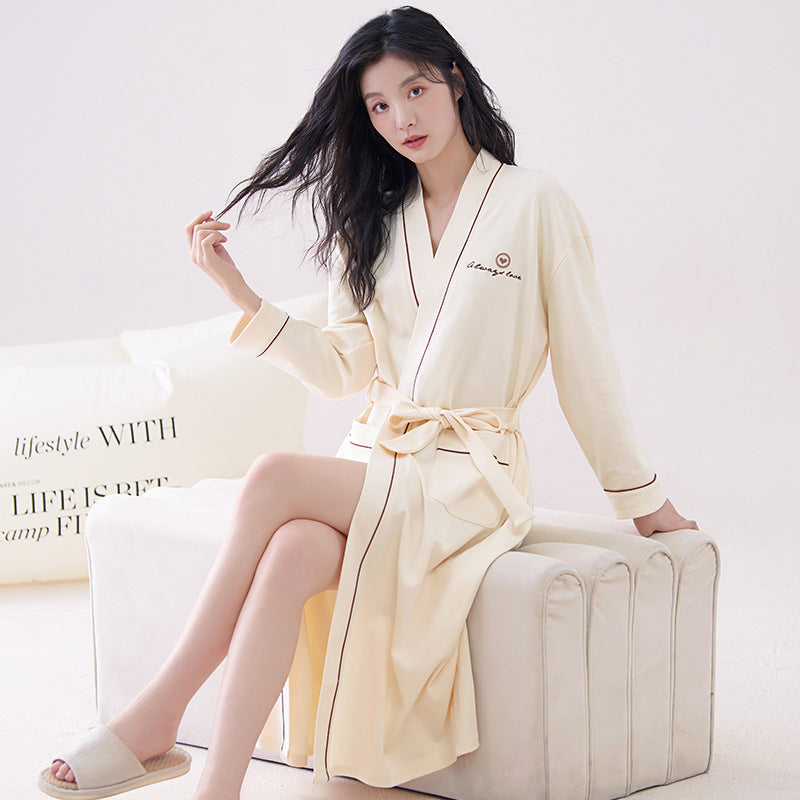 Off-white 2XL size Women's Cotton Robe — Autumn/Winter Bathrobe & Morning Gown | Long Sleeve, Mid-Length, Plus Size | Loose, Comfortable, and Machine Washable | Suitable for All Seasons