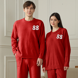 Red Women's Warm & Cozy Semi-Flannel Couple's Pajamas — Knitted Digital Pattern, Soft Fleece Material, Pullover Style: The Ideal Choice for Loungewear in Autumn and Winter.