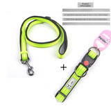 Green M size Vibrant Reflective Dog Collar and Leash Set - Adjustable Nylon Pet Harness with Comfortable Padding 