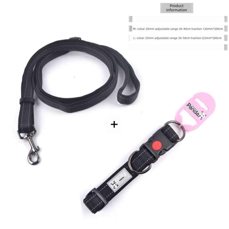 Black L size Vibrant Reflective Dog Collar and Leash Set - Adjustable Nylon Pet Harness with Comfortable Padding 