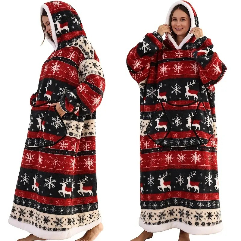 Christmas Plaid Style Oversized Hooded Blanket for Adults - Ultra Soft & Warm Wearable Fleece Throw with Giant Pocket, Perfect for Winter, Christmas & Valentine's Day