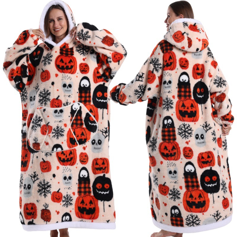 Festive Pumpkin Style Oversized Hooded Blanket for Adults - Ultra Soft & Warm Wearable Fleece Throw with Giant Pocket, Perfect for Winter, Christmas & Valentine's Day