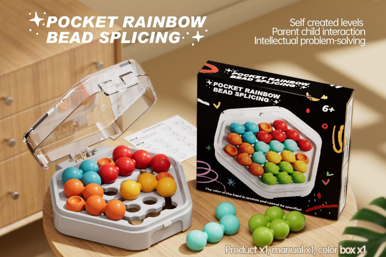 White Hexagonal Pocket Rainbow Bead Puzzle — A Mini Logic Game with Original Levels, an Interactive Educational Toy for Parents and Children Aged 6+