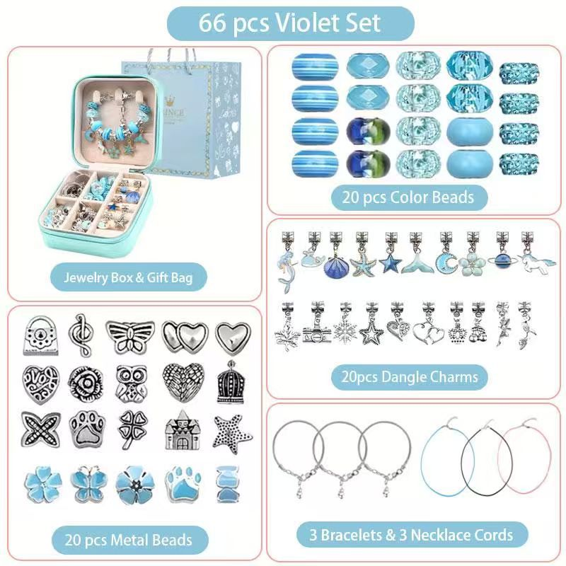 66-Piece Blue Gift Bag Craft Set (Includes Beads, Charms, and Storage Case) -Kids' Unicorn DIY Bracelet Kit – Creative Jewelry Making Gift for Girls Ages 3+