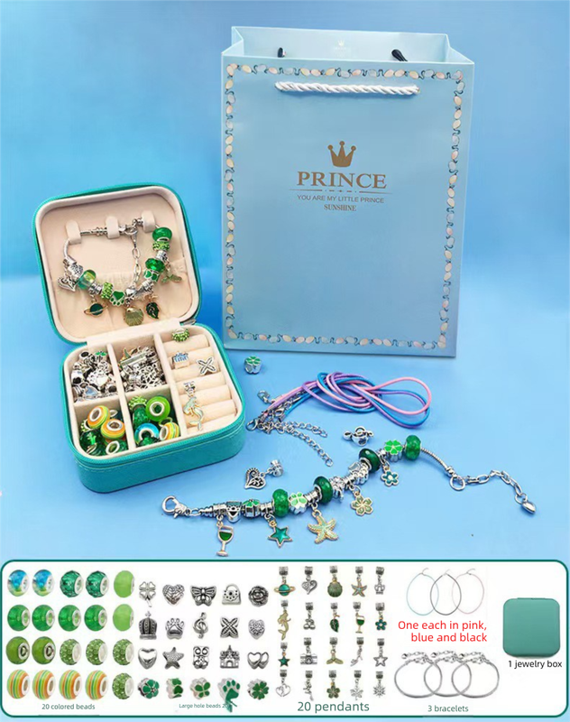 66-Piece Green Gift Bag Craft Set (Includes Beads, Charms, and Storage Case) -Kids' Unicorn DIY Bracelet Kit – Creative Jewelry Making Gift for Girls Ages 3+