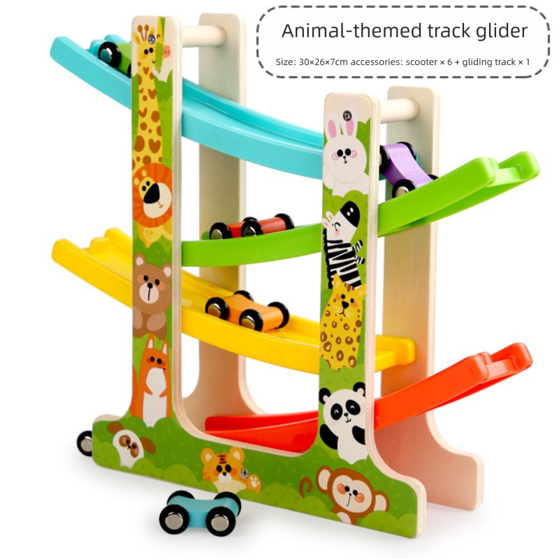 Wooden Multi-Level Car Ramp Racer - Fun & Educational Glider Track Toy for Toddlers 3+, Develops Motor Skills & Color Recognition 【Animal-themed track glider】