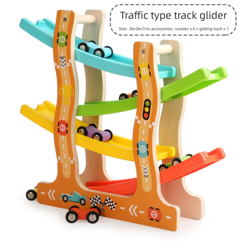 Wooden Multi-Level Car Ramp Racer - Fun & Educational Glider Track Toy for Toddlers 3+, Develops Motor Skills & Color Recognition 【Traffic type track glider】