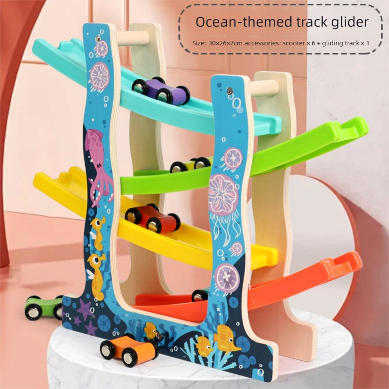 Wooden Multi-Level Car Ramp Racer - Fun & Educational Glider Track Toy for Toddlers 3+, Develops Motor Skills & Color Recognition 【Ocean-themed track glider】