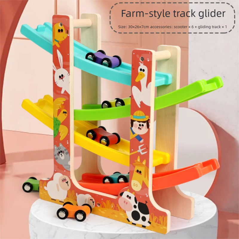 Wooden Multi-Level Car Ramp Racer - Fun & Educational Glider Track Toy for Toddlers 3+, Develops Motor Skills & Color Recognition 【Farm-style track glider】